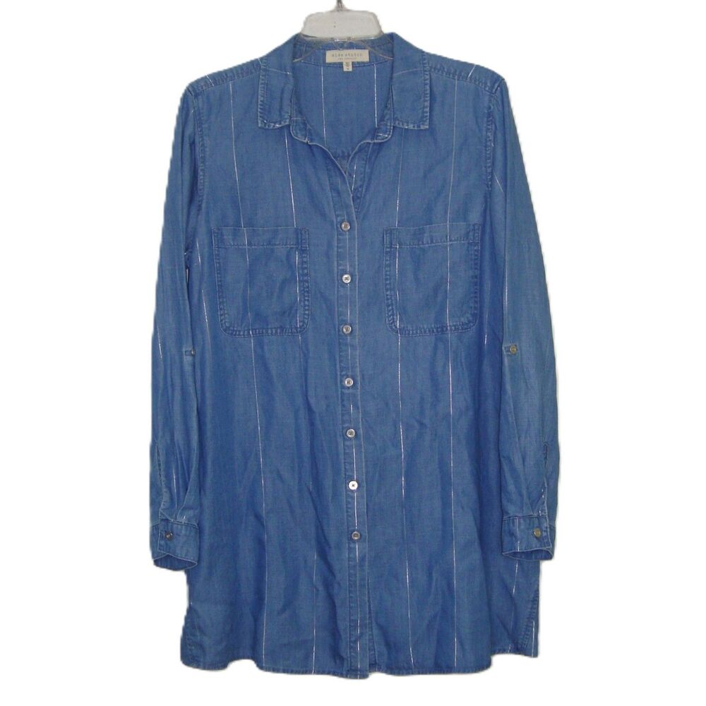 Side Stitch Chambray Button Front Tunic Roll-Tab … - image 2